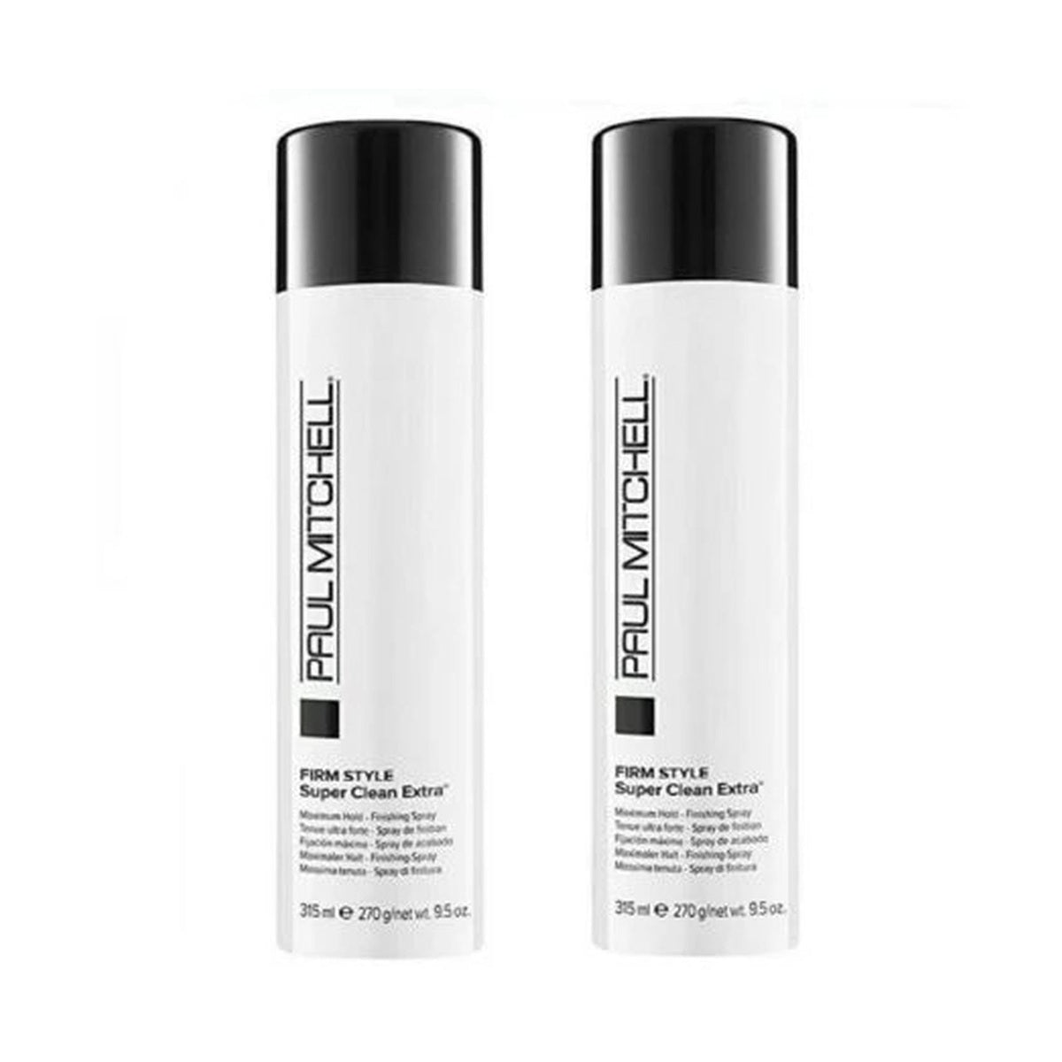 Paul Mitchell Super Clean Extra Finishing Spray 2-pack, 9.5 oz white bottles with black caps for firm hold and shine