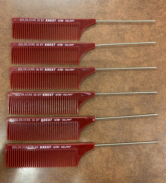 6-pack Krest G36 burgundy coarse long rattail Hair comb, 8 1/4" / fs