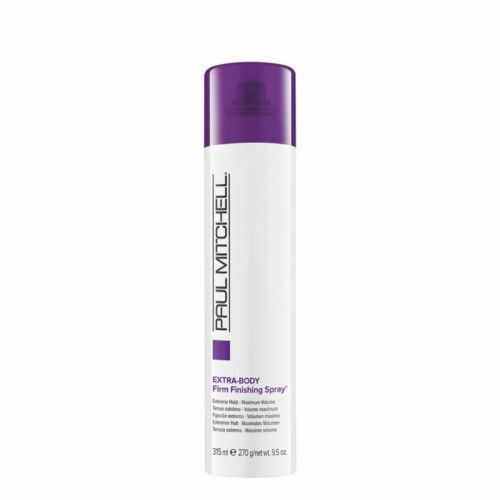 Paul Mitchell Extra Body Firm Finishing Spray 9.5 oz white can with purple cap for volume and humidity resistance